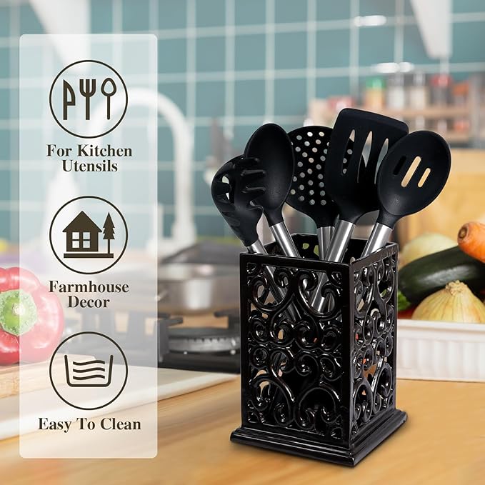 jogreful Utensil Holder, Cast Iron Kitchen Utensil Crock for Countertop, Extra Large Utensil Organizer with Weighted-Base, Housewarming Vintage Decor, Vine Pattern, Coffee Gold