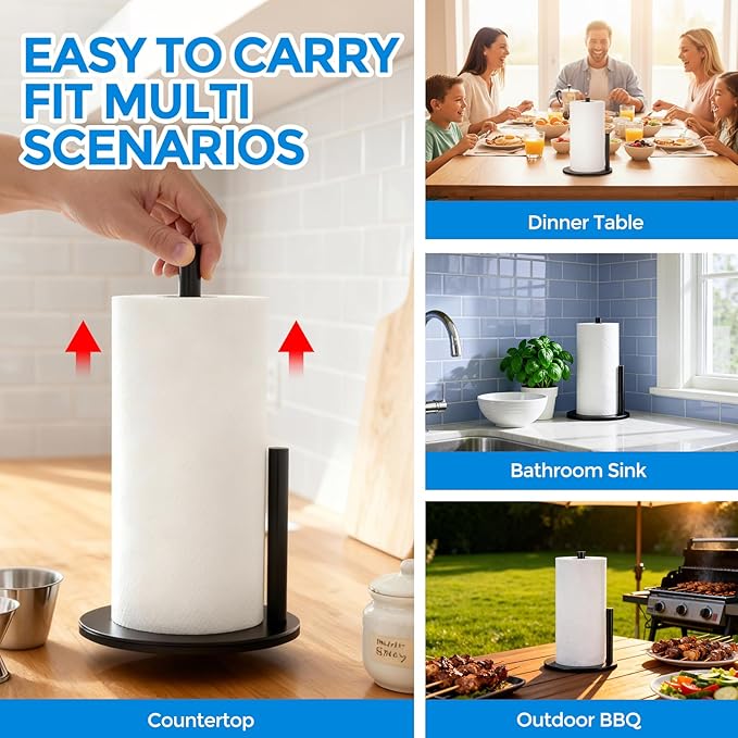 zaa Paper Towel Holder Countertop - Free Standing Paper Towel Holder for Kitchen Organization, Easy to Carry Paper Roll Dispenser, No Drill Installation, for Kitchen, Bathroom, Office, RV, Black