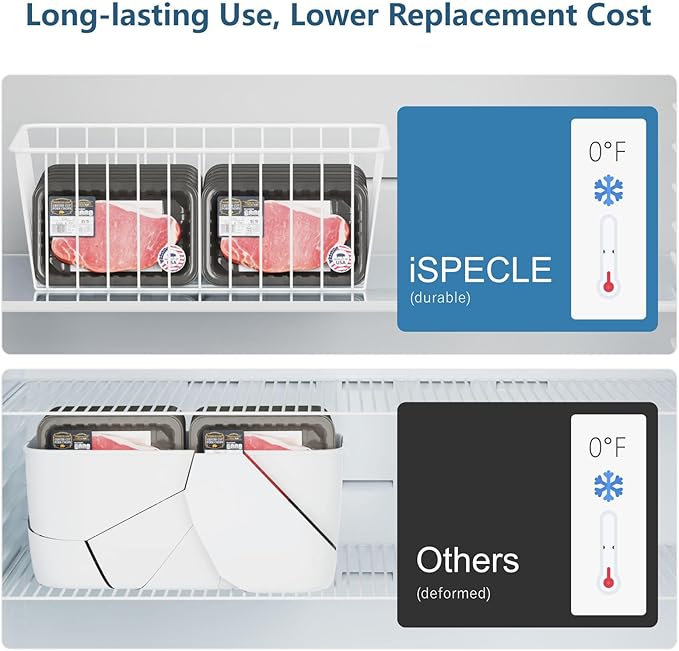 iSPECLE Freezer Organizer Bins - 4 Pack Medium Upright Baskets for 14 to 15.5 cu.ft Stand Up Freezer, Easily Sort and Get Food, Air Circulation Stops Food Sliding Out, White