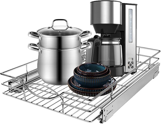 Pull Out Cabinet Organizer 17" W x 21" D, Heavy Duty Kitchen Cabinet Pull Out Shelves, Slide Out Wire Basket for Kitchen Cabinets, Bathroom, Pantry, Chrome Finish