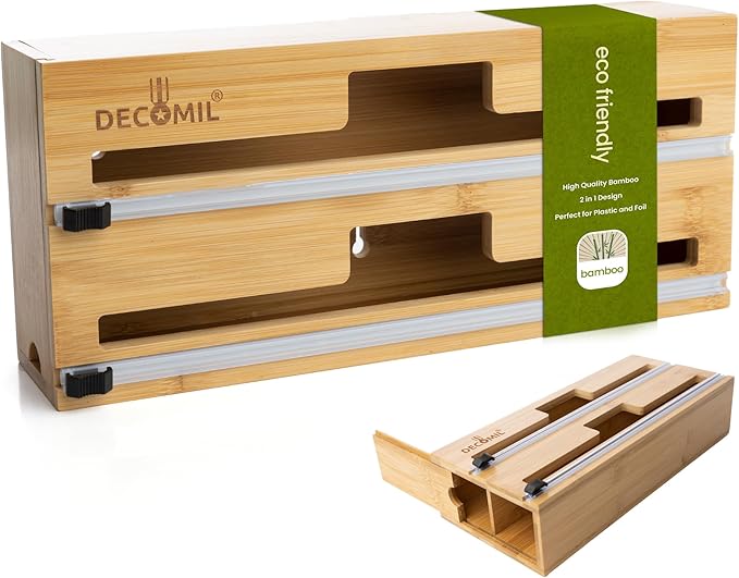 DECOMIL 2 in 1 Plastic Wrap Dispenser with Cutter, 13.5" Standard Design, Aluminum Foil Dispenser, Drawer and Wall Mount, Bamboo