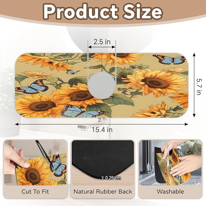 Sunflower Butterfly Pattern Kitchen Faucet Mat Splash Guard, 15.4”x5.7” Absorbent Quick Drying Sink Mat for Countertop Protection, Draining Mat Sink Protectors For Kitchen Bathroom, 1 Pack