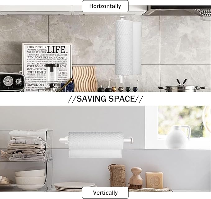 White Paper Towel Roll Rack - Under Cabinet Stainless Steel Towel Holder - Self Adhesive or Drilled Mount - 200 lbs Max Weight