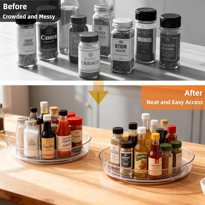 MiraFure Lazy Susan Turntable for Spice Organization | Clear BPA-Free Plastic Rotating Organizer for Kitchen Cabinet, Pantry, Countertop, Fridge | 360-Degree Rotating Base (10 inch - 8 Pack)