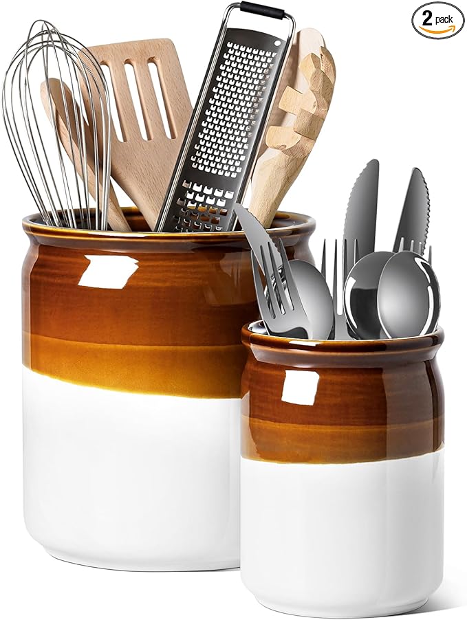 LE TAUCI Kitchen Utensil Holder, 7.2“&5.4” Ceramic Utensil Crock for Countertop, Rustic Modern Farmhouse Decor, Large Heavy Spatula Organizer, Vintage Two-Tone Glossy Glaze, Set of 2, Brown & White