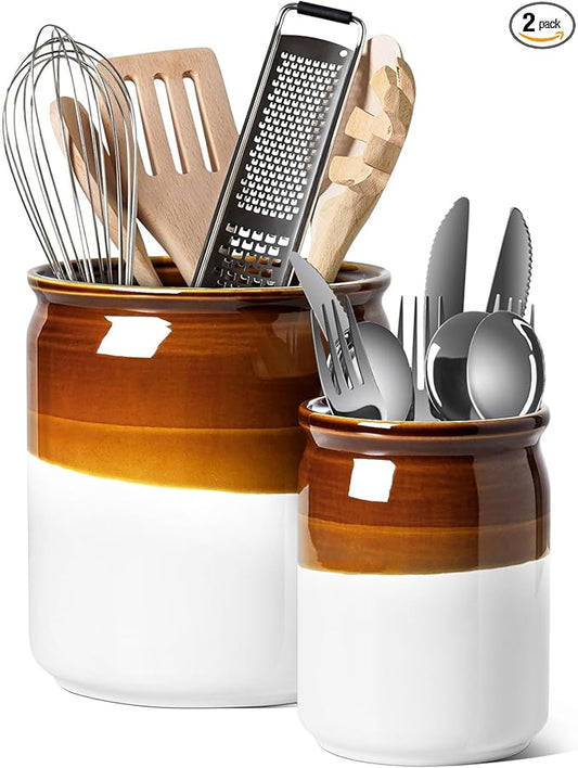 LE TAUCI Kitchen Utensil Holder, 7.2“&5.4” Ceramic Utensil Crock for Countertop, Rustic Modern Farmhouse Decor, Large Heavy Spatula Organizer, Vintage Two-Tone Glossy Glaze, Set of 2, Brown & White
