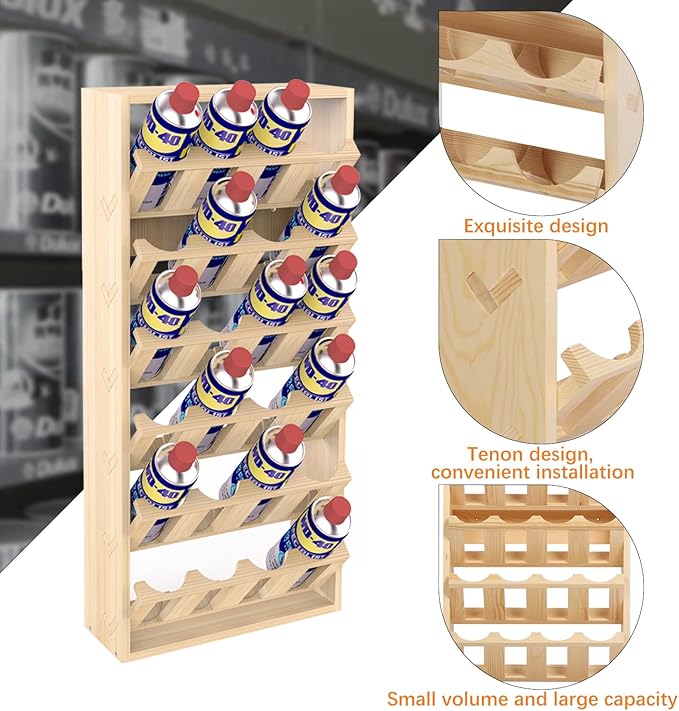 24 Can Spray Paint or Lube Can Storage Holder Rack,Wall Mount 6-tier Aerosol Spray Paint Bottle Wooden Organizer for Garage and Home Craft Workspace 14.2" (L) x 5" (W) x 30" (H)