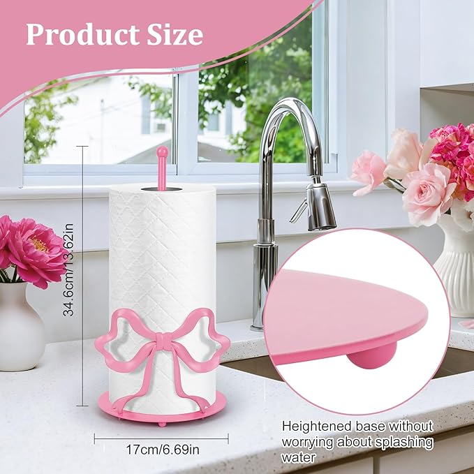 Pink Bow Paper Towel Holder, Cute Paper Towel Roll Holder, 3D Printed Standing Paper Towel Holder for Kitchen Countertops Bathroom with Weighted Base, Kitchen Decor Accessories Gift (Round/Pink Bow)