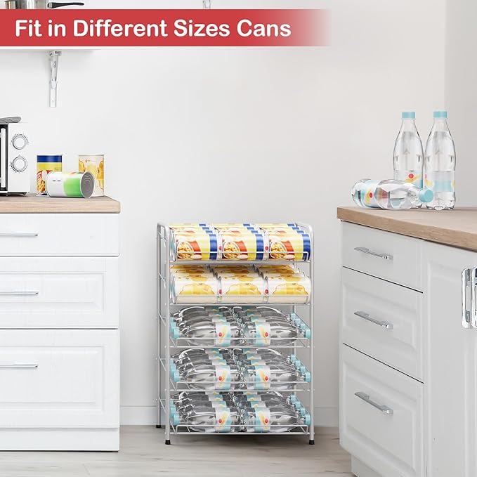 smusei 5-Tier Can Storage Organizer Pantry Shelf Holds up to 60 Cans of Can Holders for Pantry with 2 Metal Diversion Strips for Kitchen Canned Food and Drink Goods, Silver