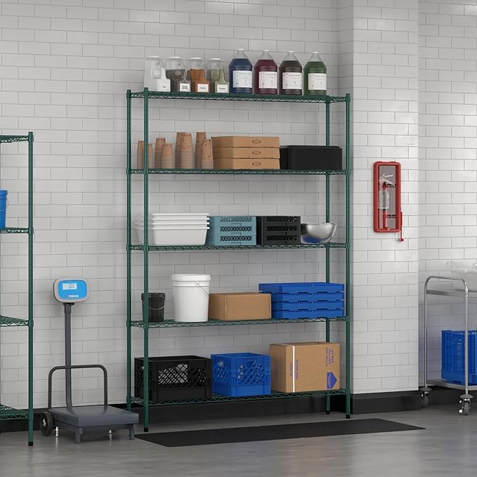 Commercial NSF Listed Green Epoxy Stationary Wire Shelving Kit 12" x 60" x 86", with 5 Shelves Perfect for Warehouse, Walk-in Refrigerator, Freezer, Grocery Store, Restaurant, Dishroom