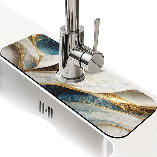 Kitchen Sink Splash Guard，Abstract Blue gold white marble Faucet Mat Sink Gadgets-Super Absorbent Fast Drying Mat Drip Catcher for Kitchen, Bathroom,Sink Mat, Dish Drying Mat, Bathroom(15" X 5.5" )
