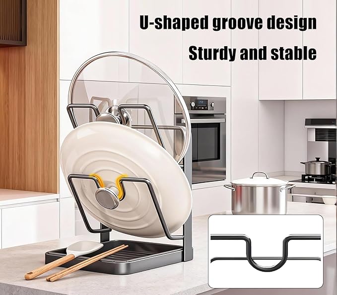 Kitchen Pot Lid Storage Rack, Carbon Steel Pan Lid Organizer Holder with Spoon Rest for Countertop Cooking Storage (Cream - Single Layer)