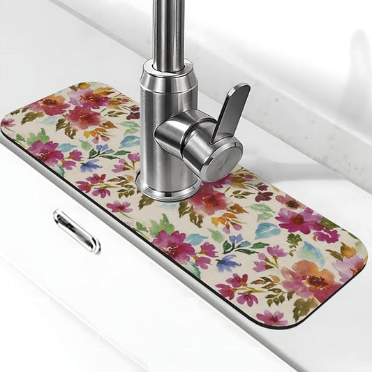 Floral Colorful 15" X 5.5" Kitchen Sink Splash Guard Faucet Faucet Guard Draining Mat Sink Splash Guard Faucet Kitchen Bathroom