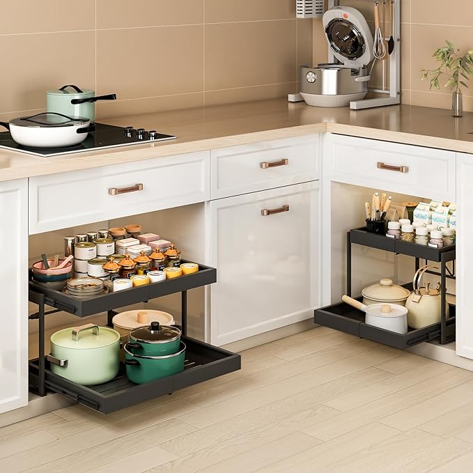 2-Tier Expandable Pull Out Cabinet Organizer, 21" Deep Heavy-Duty Slide Rail Slide Out Drawer Organizers with Adhesive Nano Film for Pots, Roll out Shelf Storage for Kitchen & Pantry Storage,White