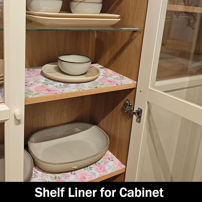 Amiitay Peach Peony Shelf and Drawer Liner 12IN x 20FT,Non-Adhesive and Strong Non-Slip Floral Cabinet Drawer Liners for Kitchen Shelf, Waterproof Cupboard Liners,Easy to Clean