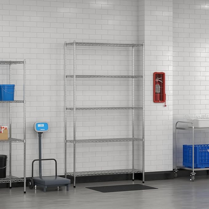 Commercial NSF Listed Chrome Stationary Wire Shelving Kit 14" x 48" x 86", with 5 Shelves Perfect for Warehouse, Walk-in Refrigerator, Freezer, Grocery Store, Restaurant, Dishroom