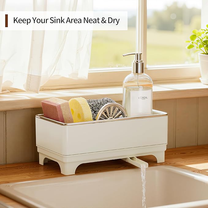 Sponge Holder for Kitchen Sink – Rustproof Stainless Steel, 360° Rotating Drain Pipe, Large Counter Organizer with Drip Tray for Sponges, Brushes & Dish Cloths White