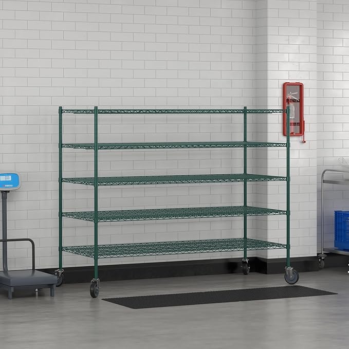 Commercial NSF Listed Green Epoxy Mobile Wire Shelving Kit 30" x 72" x 60", with 5 Shelves Perfect for Warehouse, Walk-in Refrigerator, Freezer, Grocery Store, Restaurant, Dishroom