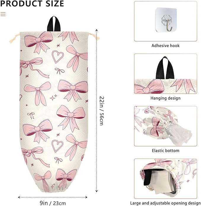 Plastic Bag Holder Wall Mount Grocery Bag Shopping Bag Storage Holder Organizer Dispenser with Adhesive Hook,for Kitchen Bathroom Home Decor 9x22 Inches Cute Pink Bowknot08