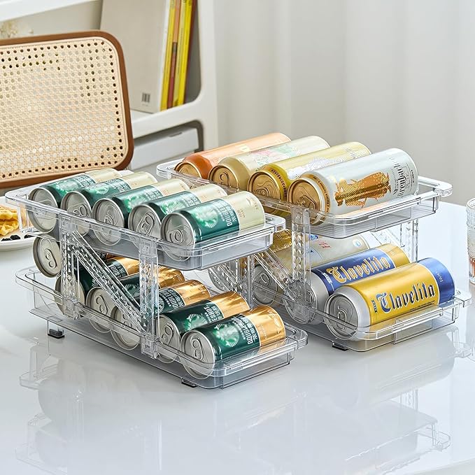 Stackable Clear Soda Can Beverage Pop Can Holder Dispenser 13.77”D X 9. 37”W X 6.41”H Expandable Refrigerator Organizer Holds 10 Cans For Pantry, Kitchen Storage