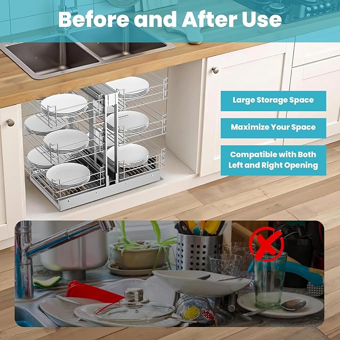 3 Tier 6 Shelf Under Sink Organizer for Kitchen Cabinets, 27’’ W X 20’’D Pull Out Cabinet Organizer, Stainless Steel Frame Slide Out Expandable Drawers for Kitchen Cabinets, Pantry, Bathroom
