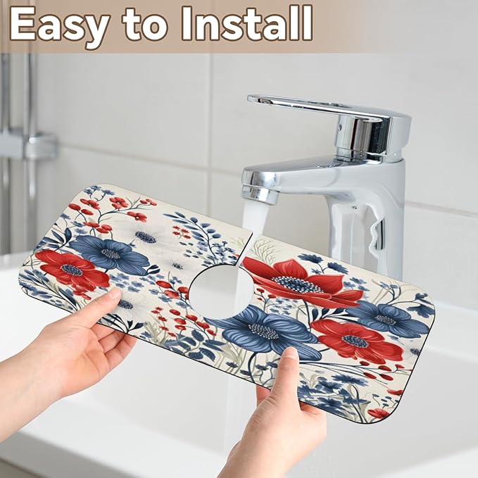 Patriotic Bloom Burst Kitchen Faucet Mat Splash Guard, 15.4”x5.7” Absorbent Quick Drying Sink Mat for Countertop Protection, Draining Mat Sink Protectors For Kitchen Bathroom, 1 Pack