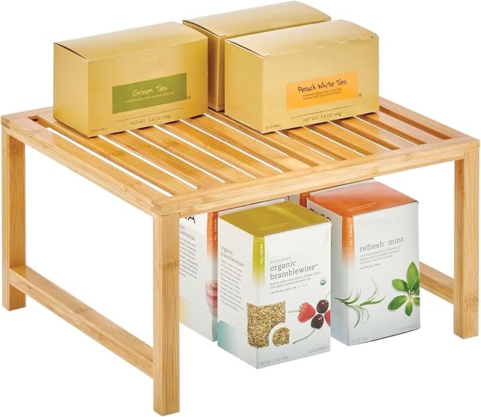 mDesign Wooden Stackable Storage Shelf - Food and Kitchen Organizer for Cabinet, Pantry Shelves, Countertop, Cabinet - Echo Collection - 2 Pack - Natural Bamboo