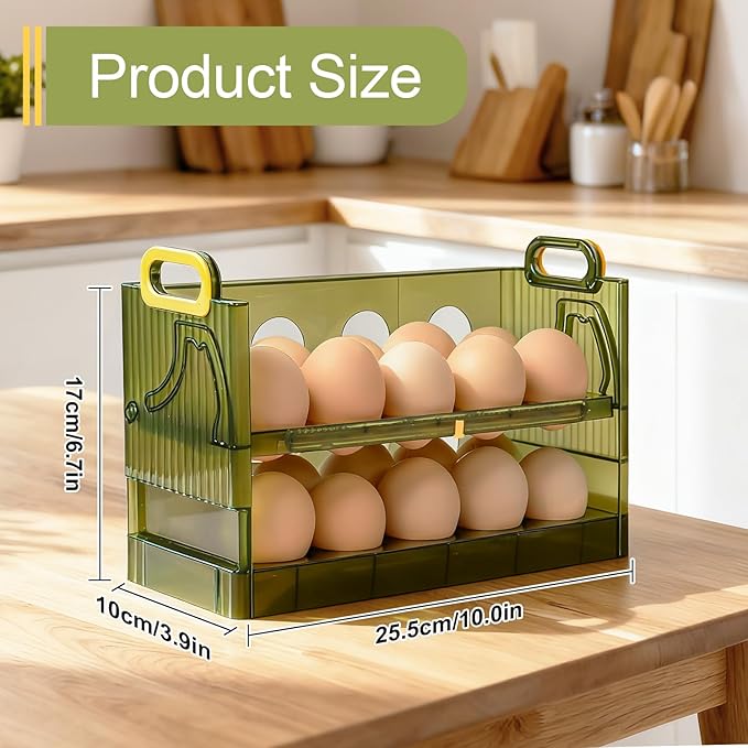 20 Egg Holder for Fridge, 2 Tiers Clear Stackable Stand Tray with Drawer for Refrigerator, Can See Freshness in a Timed Manner, for Refrigerator, Countertop with Handle