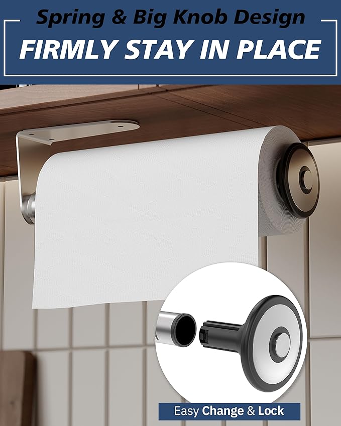 Paper Towel Holder Under Cabinet Adhesive or Wall Mounted Easy Tear One Hand Stainless Steel Fit Rolls(Silver)