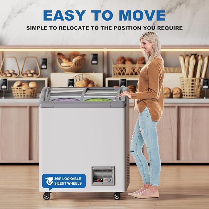 21 in Commercial Ice Cream Freezer 5.5 Cu.Ft Display Case Commercial Freezer with 4 Tubs and 2 Sliding Glass Door for Shop