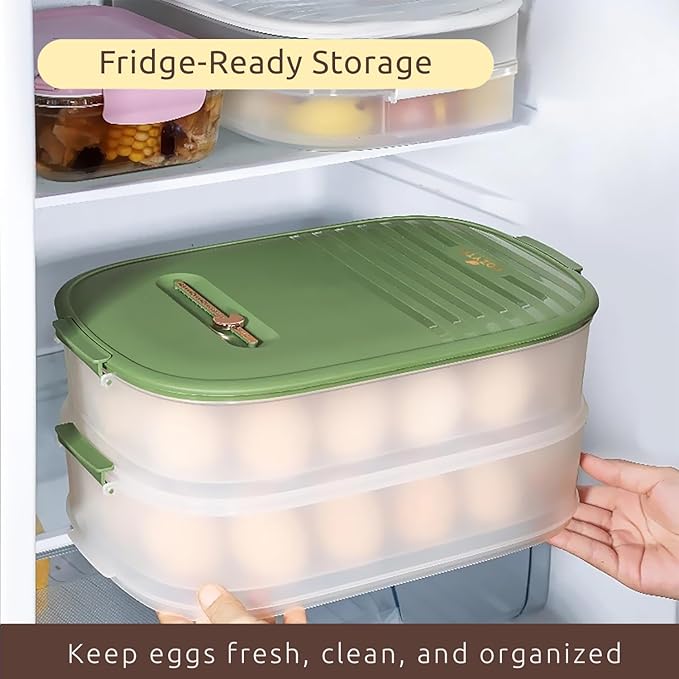 COZYTO Premium EggNest 2-Layer Egg Holder for Refrigerator – Stackable Egg Storage Tray with Sliding Date Dial Lid | Holds 44 Eggs | BPA-Free, Durable & Space-Saving (Green Lid & Transparent Box)