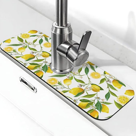 Yellow Lemon Teal Kitchen Sink Splash Guard Faucet Mat 1 Pcs, Absorbent Fast Drying Mat Gadgets Splash Guard For Bathroom 15 X 5.5 Inches