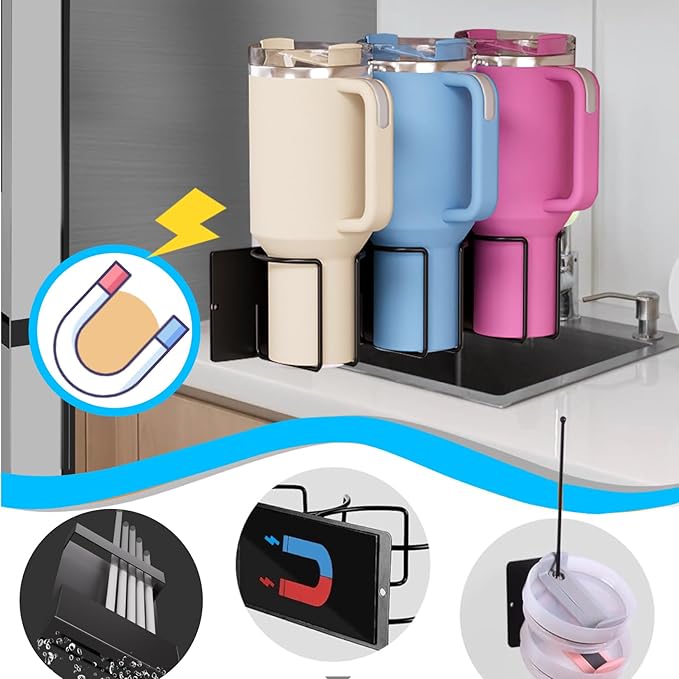 Magnetic Cup Holder Set - Universal Organizer Fits Stanley 20/30/40oz & All Cups up to 3.25 Inches Wide, Modular Rack with Lid and Straw Holders (White, 6 Cup)