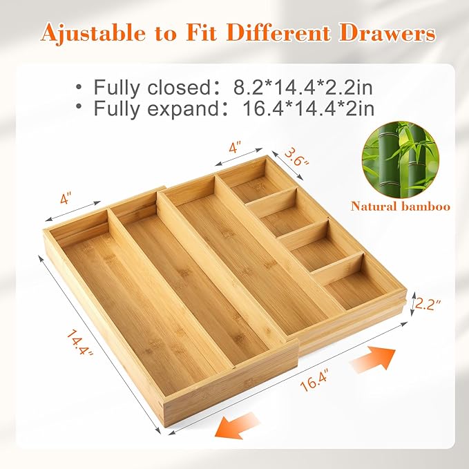 1 Pcs Bamboo Desk Drawer Organizer Wood 2 Inch Height Expandable Drawer Organizer Trays with Adjustable Compartments Desk Accessories for Makeup Silverware Office Bathroom(Stylish)