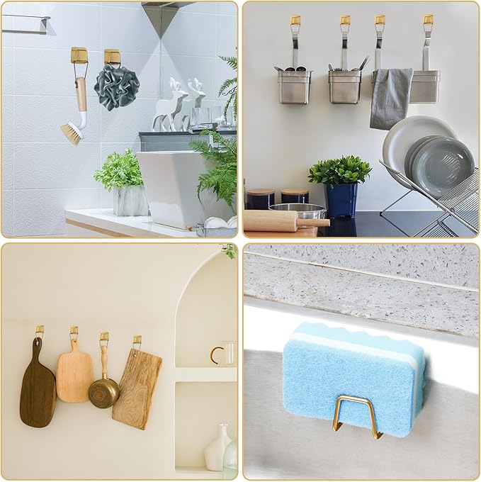 4 Pcs Adhesive Sponge Holder for Kitchen Sink Essentials,No Drilling.Stainless Steel Small Dish Sponge Holder for Sink Counter,Dish Sponge and Brush Organization Holder.Rustproof and Waterproof,Gold