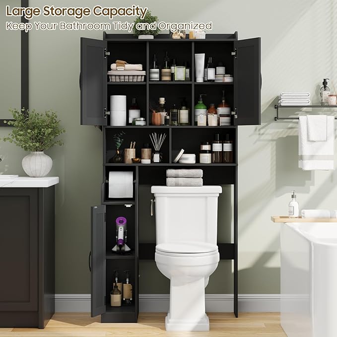 Over The Toilet Storage Cabinet, Bathroom Over Toilet Storage Organizer with Barn Doors and Paper Holder Stand Farmhouse Space Saving Rack Cabinet with Adjustable Shelves for Bathroom, Laundry (Black)