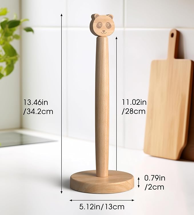 KitchLife Cute Wooden Paper Towel Holder Countertop - Solid Freestanding Paper Towel Dispenser Stand Organizer with Anti-Skid Base (Panda)