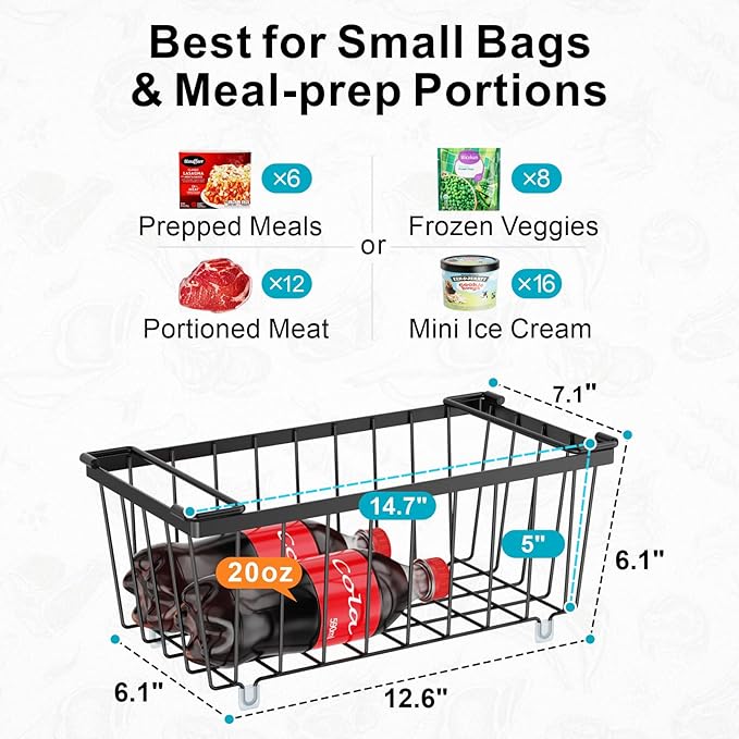 iSPECLE Deep Freezer Organizer Bins, 8 Pack Chest Freezer Baskets for 7 Cu.Ft, Stackable Wire Chest Freezer Organizer Bins for Small Food, Strong Metal with Handles for Meat and Veggies, Black