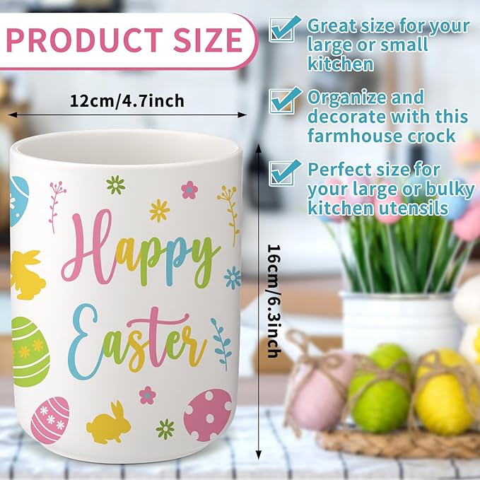 Qinyoung 6.3'' Easter Ceramic Utensil Holder Kitchen Decoration Colorful Spring Egg Bunny Utensil Holder Ceramic Utensils Crock for Rustic Farmhouse Indoor Kitchen Decorations