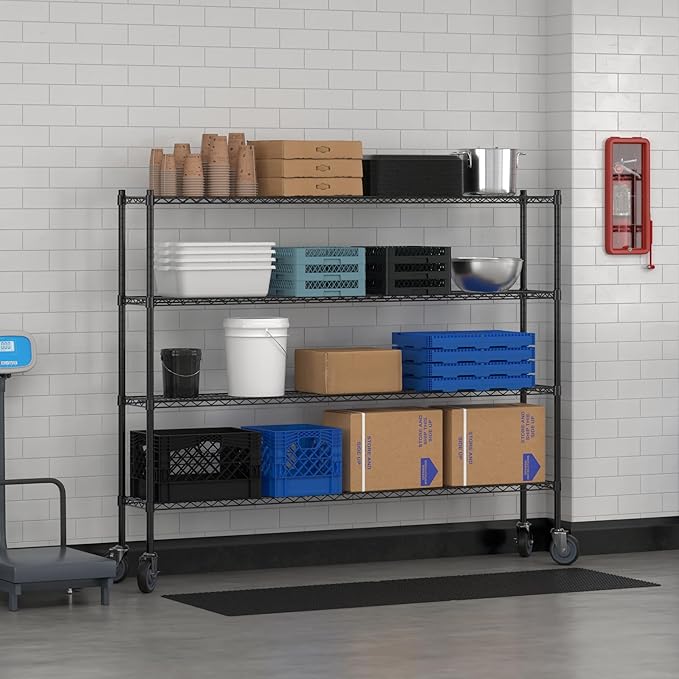 Commercial NSF Listed Black Epoxy Mobile Wire Shelving Kit 12" x 72" x 60", with 4 Shelves Perfect for Warehouse, Walk-in Refrigerator, Freezer, Grocery Store, Restaurant, Dishroom