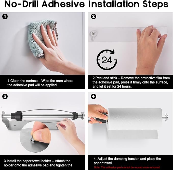 Magnetic Paper Towel Holder with Adjustable Damping, One Hand Tear, Smooth Tension Control, Strong Magnet & Self Adhesive Wall Mount, No Drilling for Kitchen, Fridge, RV, Garage, Grill (Silver)