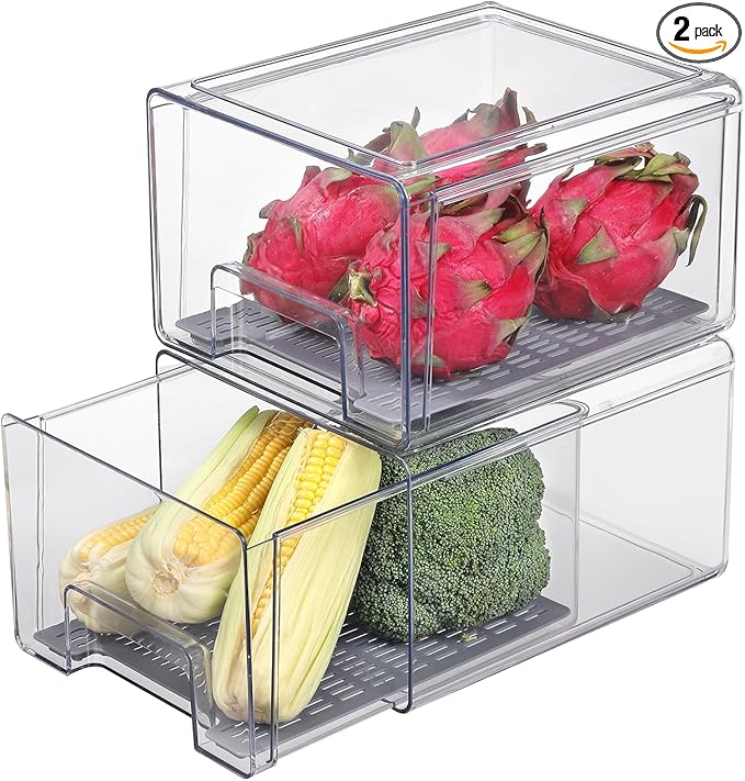 Bronkeeper Pull Out Clear Fridge Organizer Drawers with Drainer, Refrigerator Stackable Storage Bins for Kitchen Fruit & Veggie Organization (2PCS, Large)