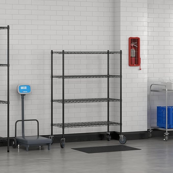 Commercial NSF Listed Black Epoxy Mobile Wire Shelving Kit 18" x 42" x 60", with 4 Shelves Perfect for Warehouse, Walk-in Refrigerator, Freezer, Grocery Store, Restaurant, Dishroom