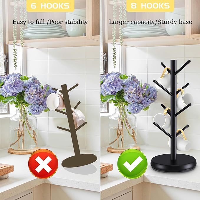 Mug Holder Tree,New Upgraded 360° Rotated 8 Hooks Coffee Cup Holder for Counter,Sustainable Wood Mug Rack Standing for Coffee Bar Accessories and Kitchen Home Organizer(Black)