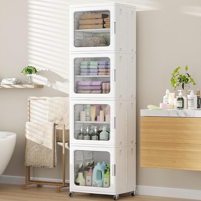 BROVIEW 4-Tier Tall Narrow Storage Cabinet 14.6” Wide, Slim Bathroom Cabinets with Adjustable Shelves and Doors, Plastic Kitchen Pantry Organizers and Storages for Small Space, Laundry, White
