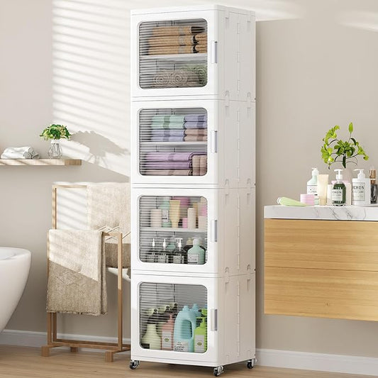 BROVIEW 4-Tier Tall Narrow Storage Cabinet 14.6” Wide, Slim Bathroom Cabinets with Adjustable Shelves and Doors, Plastic Kitchen Pantry Organizers and Storages for Small Space, Laundry, White