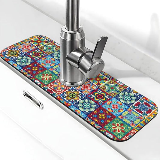 Talavera Mexican Ceramic Tiles Boho Kitchen Sink Splash Guard Faucet Mat 1 Pcs, Absorbent Fast Drying Mat Gadgets Splash Guard For Bathroom 15 X 5.5 Inches