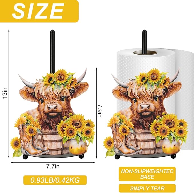 JarThenaAMCS Highland Cow Sunflower Paper Towel Holder Watercolor Floral Cattle Kitchen Decor Accessories Farmhouse Large Metal Towel Holder Stand for Home Bathroom Countertop