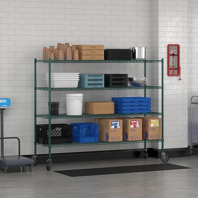Commercial NSF Listed Green Epoxy Mobile Wire Shelving Kit 21" x 72" x 60", with 4 Shelves Perfect for Warehouse, Walk-in Refrigerator, Freezer, Grocery Store, Restaurant, Dishroom