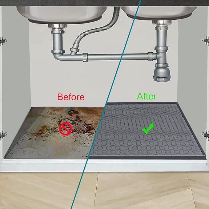 Jacooxi Under Sink Mat 31 x 19, Silicone Under Sink Liner for Kitchen Waterproof Bathroom Cabinet Mat, Grey